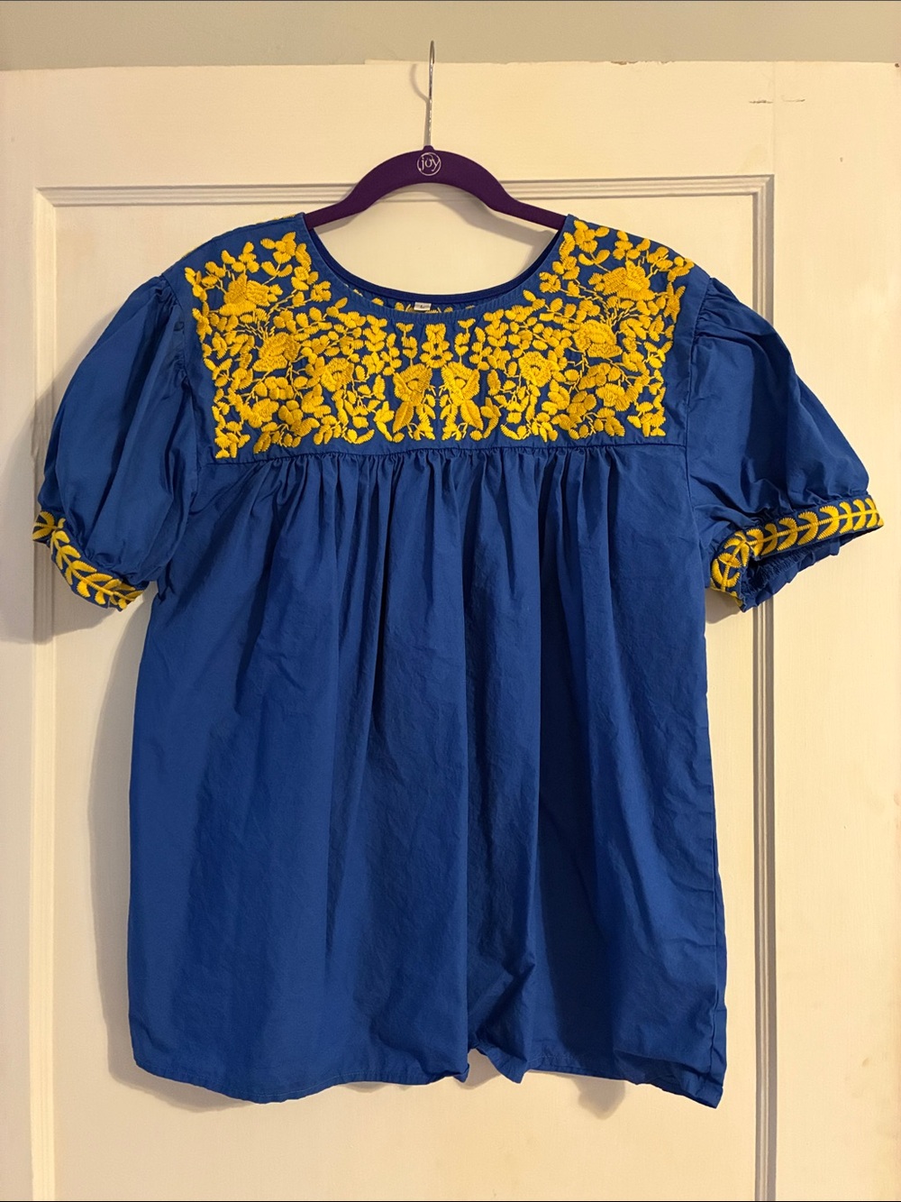 Blue Embroidered Puff Sleeve Women's Top with Yellow Floral Detail